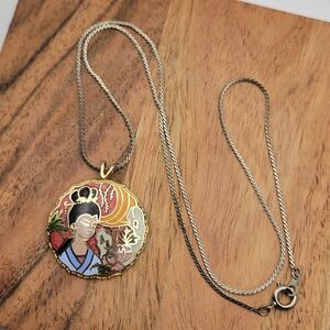 Gold and Silver Tone Oriental Cloisonné Pendant 7.5" Necklace